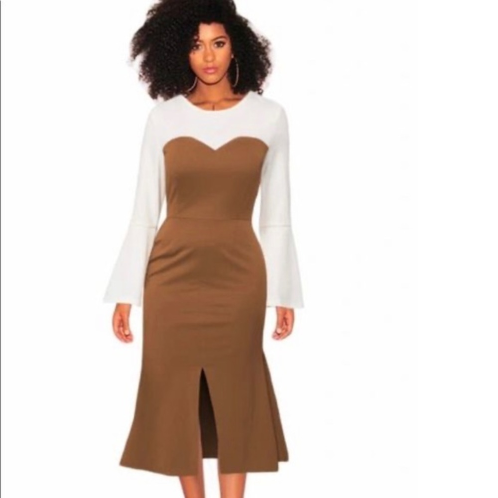 Long Bell Sleeve BROWN Midi Dress